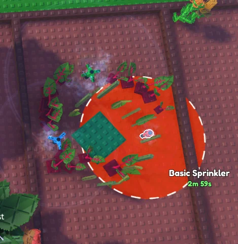 Basic Sprinkler range circle in Garden Horizons — smallest orange watering radius with 5 minute timer