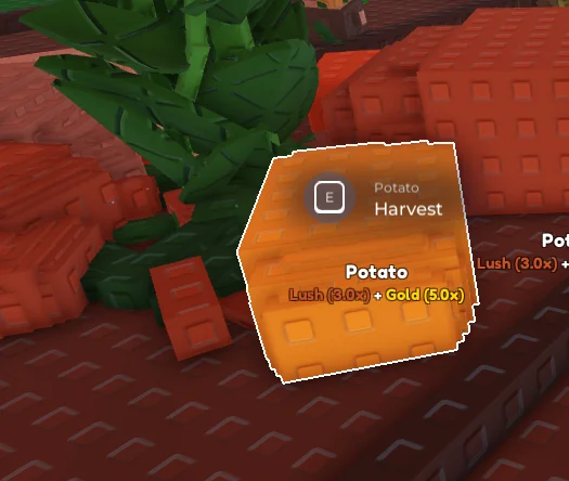 Gold variant Potato in Garden Horizons showing Lush (3.0×) and Gold (5.0×) multipliers — the target of the Potato Method