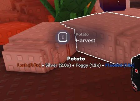Garden Horizons Potato with stacked Lush (3.0×), Silver (2.0×), Foggy (1.2×), and Flooded mutations — variant farming result