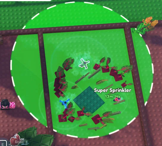 Super Sprinkler range circle in Garden Horizons — largest green watering radius with 15 minute timer