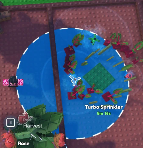 Turbo Sprinkler range circle in Garden Horizons — medium blue watering radius with 10 minute timer